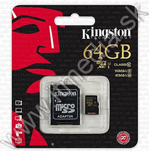 Image of Kingston microSD-XC kártya 64GB UHS-I U1 ULTRA Class10 SDCA10/64GB + adapter (IT10312)
